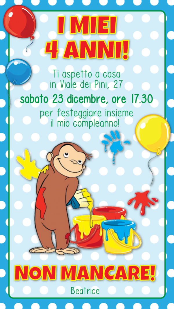 1 pezzo Invito compleanno bambino, bambina, con busta, 13x18 cm, stampato e personalizzabile, george, festa, party (INV-ANM-05) - immagine 2